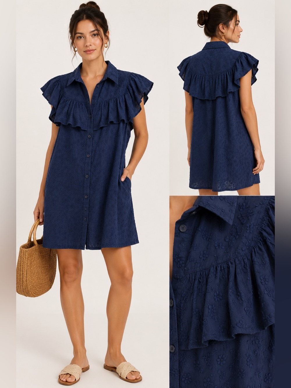 The Shirt by Rochelle Behrens Navy Ruffled Button-Front Midi Dress